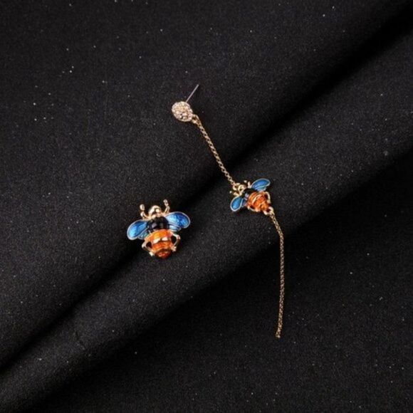 Blue Enamel Glaze Mismatch Crystal Bee Asymmetrical Gold Statement Drop Earrings - Picture 12 of 13